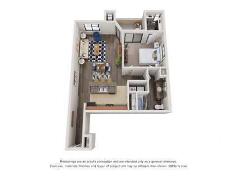 Floor plan for 1 bed, 1 bath, 827 sqft